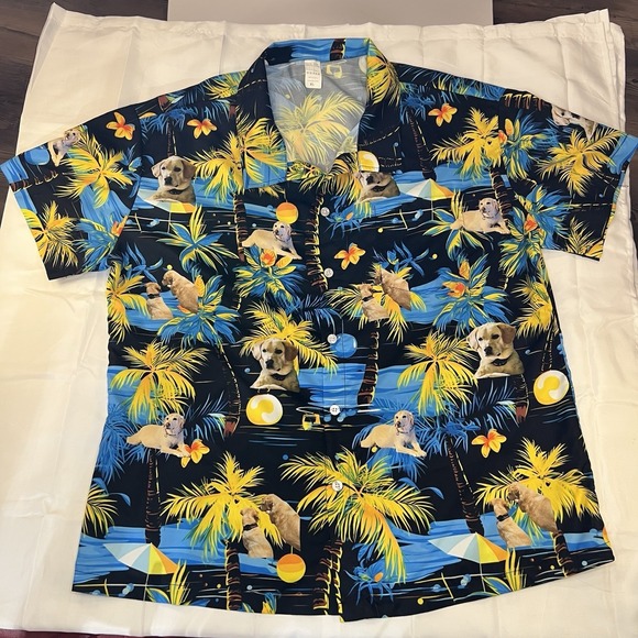 The Unbranded Brand Other - Hawaiian Shirt with Golden Retriever Size Xl Palm Tree Print Short Sleeve Men's